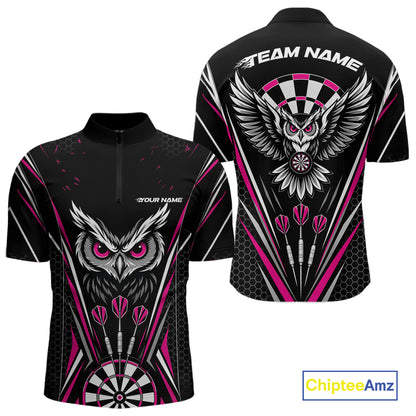 Front and back view of a black darts quarter zip shirt with pink accents, featuring fierce owls framed by dartboards, three darts, and personalized name areas.
