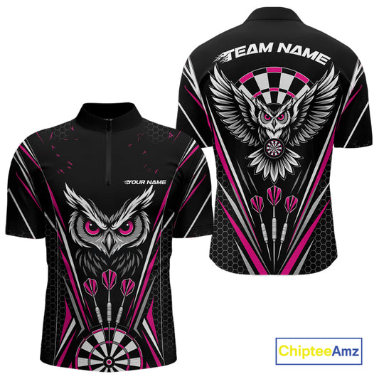 Custom Black And Pink Owl Darts Quarter Zip Shirts For Men, Darts Team Jerseys IPHW11726