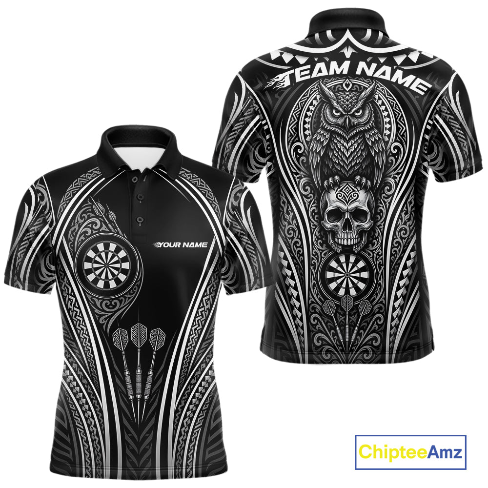 Black short-sleeve polo shirt with white tribal-style dartboard and owl graphics, shown from front and back on a white background. 