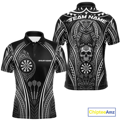 Black short-sleeve polo shirt with white tribal-style dartboard and owl graphics, shown from front and back on a white background. 