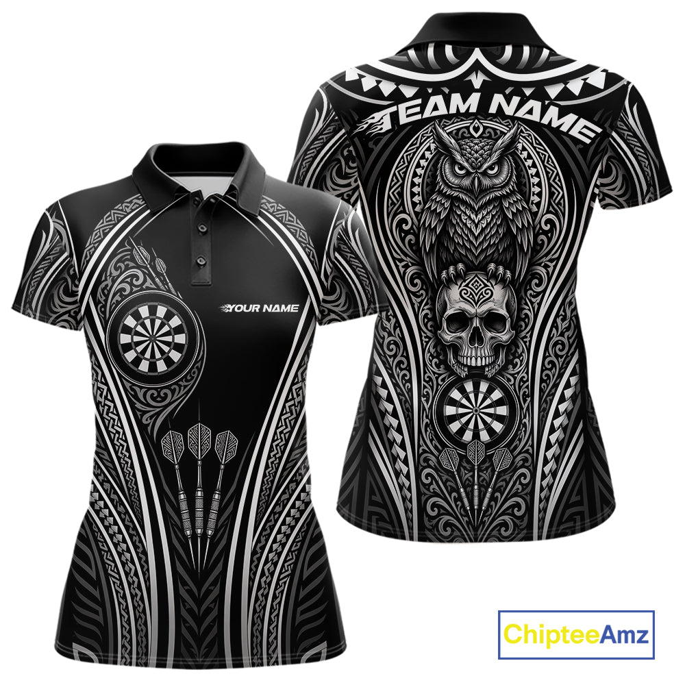 Black and white short-sleeve polo shirt shown from the front and back, featuring tribal-inspired patterns, dartboard graphics, an owl, and a skull on the back, with customizable text placeholders.