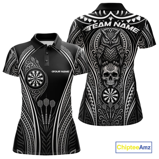 Custom Black And White Tribal Owl And Skull Darts Women Polo Shirt, Halloween Darts Outfit IPHW11728