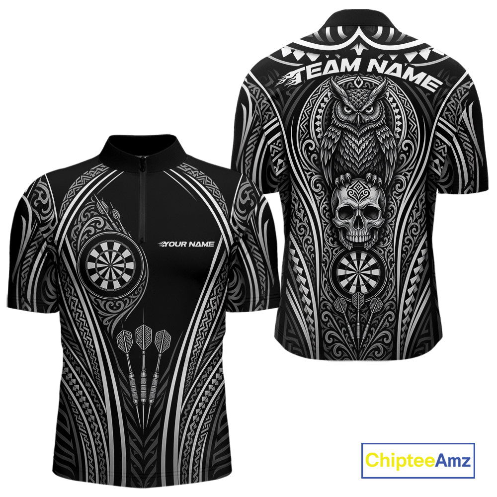Black short-sleeve zip-up performance jersey with white tribal Polynesian-inspired patterns, featuring dart graphics on the front and a large owl and skull design on the back.