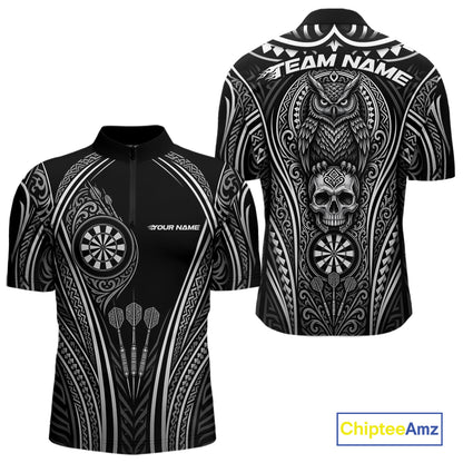 Black short-sleeve zip-up performance jersey with white tribal Polynesian-inspired patterns, featuring dart graphics on the front and a large owl and skull design on the back.