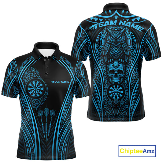 Custom Black And Blue Tribal Owl And Skull Darts Men Polo Shirt, Halloween Darts Outfit IPHW11729