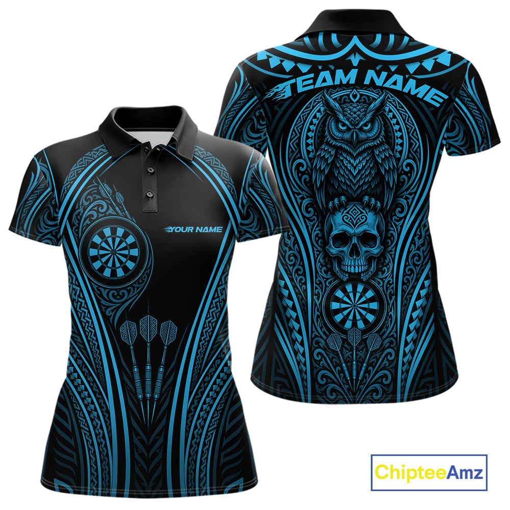 Black short-sleeve polo shirt with a blue tribal-inspired graphic design featuring an owl, skull, dartboards