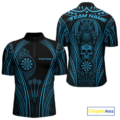 Black short-sleeve darts quarter zip shirt shown from the front and back, featuring bright blue tribal-style graphics, owl and skull artwork, dartboard motifs, and customizable text placeholders.