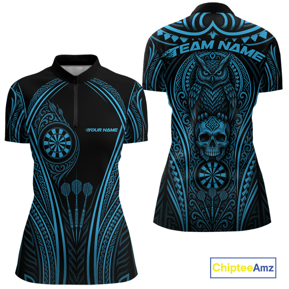 Black short-sleeve women's darts quarter zip shirt with bright blue tribal-style graphics, shown in front and back views. The design includes an owl, skull, dartboards