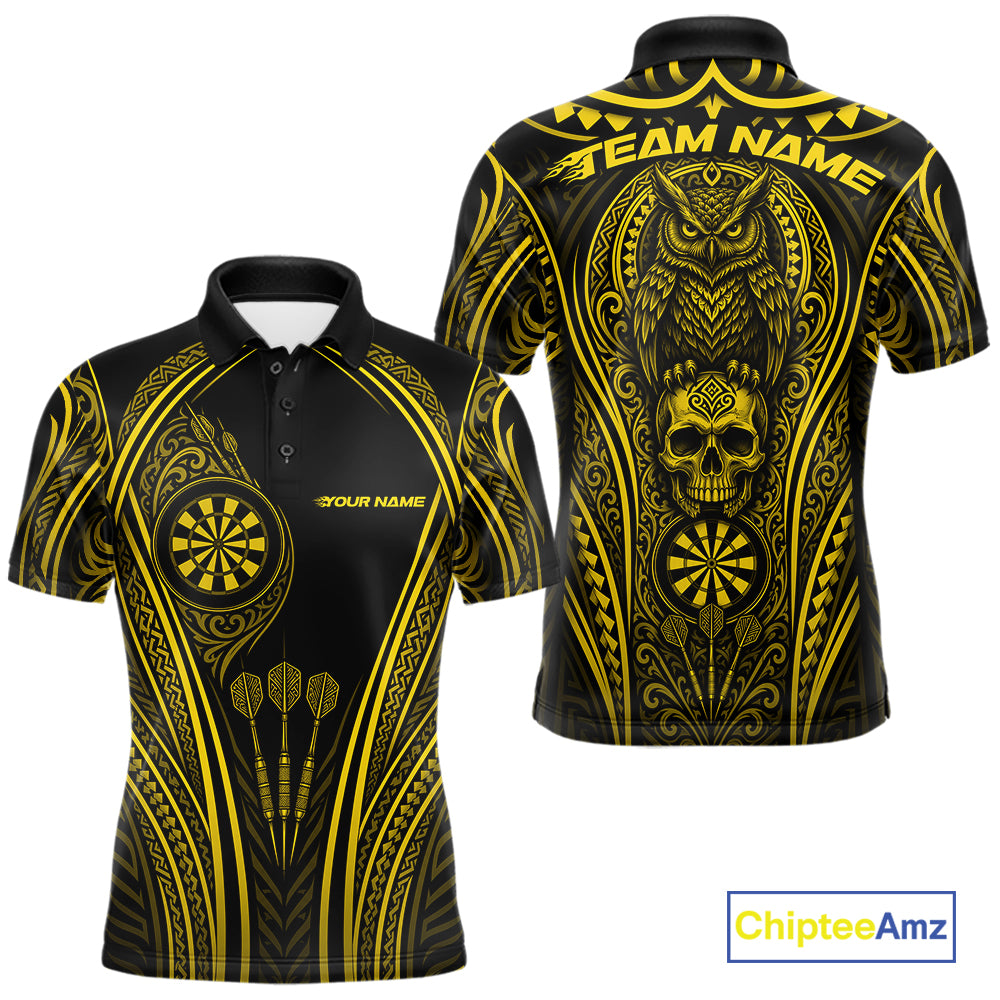 Black and yellow short-sleeve polo shirt shown from the front and back, featuring tribal-style patterns, a skull and owl graphic, dart illustrations, and customizable text placeholders.
