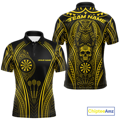 Black and yellow short-sleeve polo shirt shown from the front and back, featuring tribal-style patterns, a skull and owl graphic, dart illustrations, and customizable text placeholders.