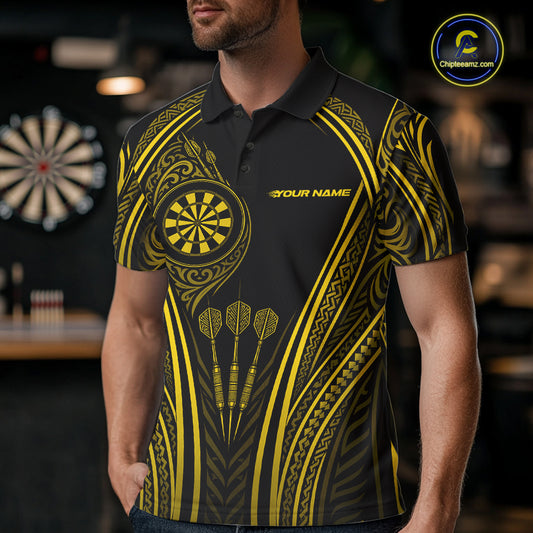 Custom Black And Yellow Tribal Owl And Skull Darts Men Polo Shirt, Halloween Darts Outfit IPHW11730
