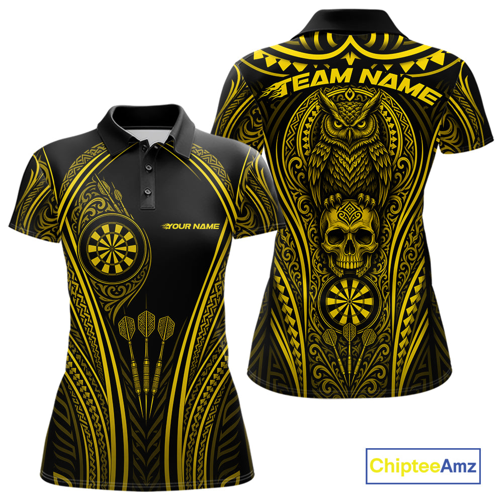 Black and yellow short-sleeve polo shirt shown from the front and back, featuring tribal-inspired dartboard graphics, an owl and skull motif, and customizable text placeholders.