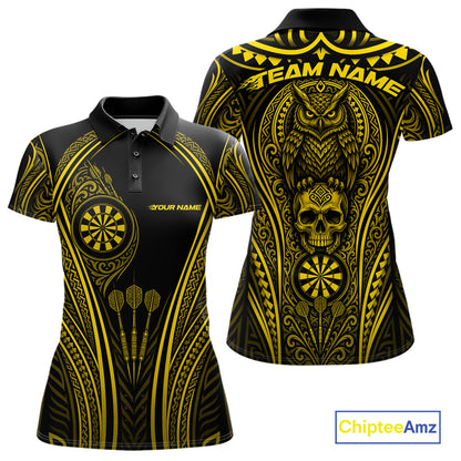 Black and yellow short-sleeve polo shirt shown from the front and back, featuring tribal-inspired dartboard graphics, an owl and skull motif, and customizable text placeholders.
