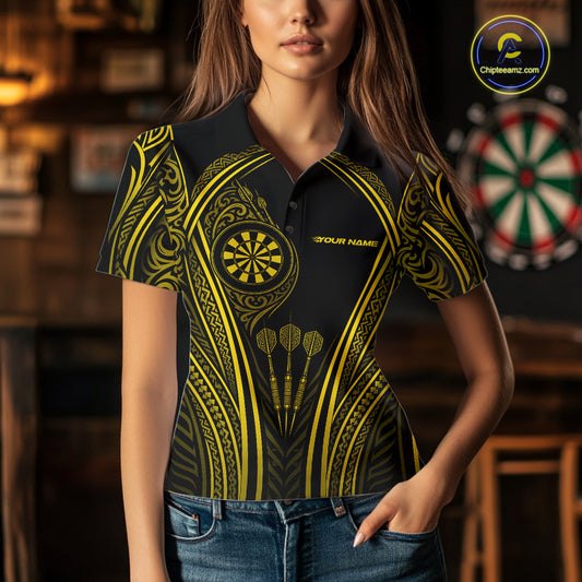 Custom Black And Yellow Tribal Owl And Skull Darts Women Polo Shirt, Halloween Darts Outfit IPHW11730