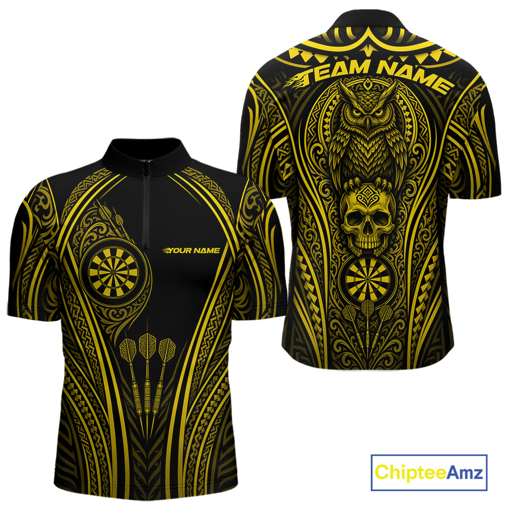 Black short-sleeve darts quarter zip shirt shown from the front and back, featuring a bold yellow Polynesian tribal pattern with an owl, skull, dartboard
