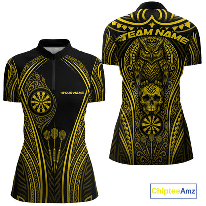 Black and gold womens short-sleeve darts quarter zip shirt shown from the front and back, featuring tribal-inspired patterns, a dartboard, owl, and skull graphic
