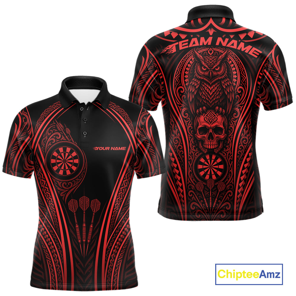 Black short-sleeve polo shirt with red tribal-style graphics, shown from both front and back. The design includes a large owl and skull motif on the back, dart illustrations on the front