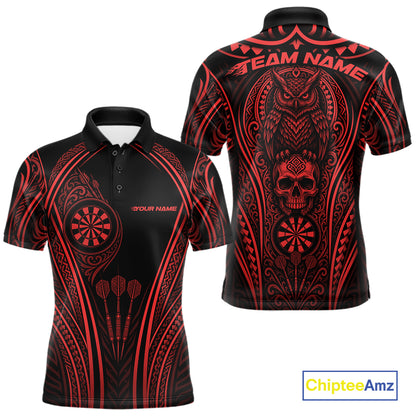 Black short-sleeve polo shirt with red tribal-style graphics, shown from both front and back. The design includes a large owl and skull motif on the back, dart illustrations on the front