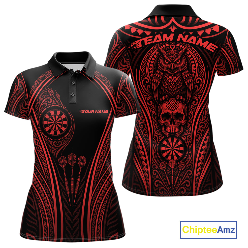 Black and red short-sleeve polo shirt shown from the front and back, featuring tribal-inspired patterns, dartboard graphics, an owl, and a skull. 