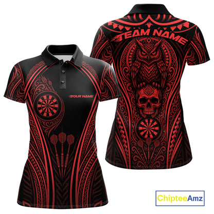 Black and red short-sleeve polo shirt shown from the front and back, featuring tribal-inspired patterns, dartboard graphics, an owl, and a skull. 