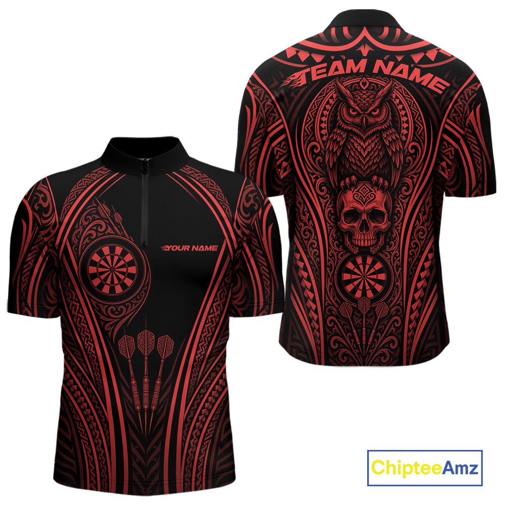 Black and red short-sleeve darts quarter zip shirt shown from both front and back, featuring tribal-inspired patterns, a skull and owl graphic on the back, dartboard motifs, and customizable text placeholders.