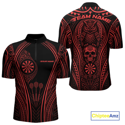 Black and red short-sleeve darts quarter zip shirt shown from both front and back, featuring tribal-inspired patterns, a skull and owl graphic on the back, dartboard motifs, and customizable text placeholders.