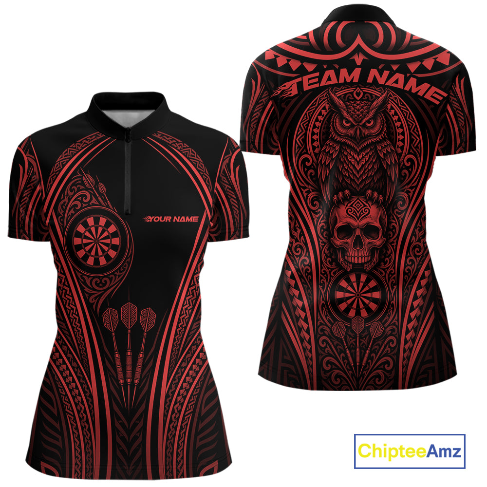 Black short-sleeve women's darts quarter zip shirt with red tribal-inspired dartboard and skull graphics, shown in front and back views on a white background. 