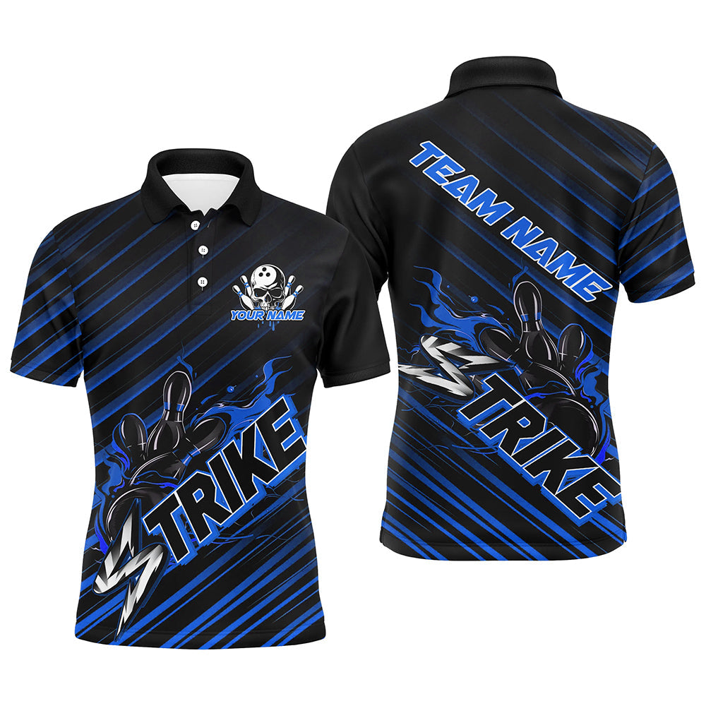 Custom Black And Blue Flame Strike Bowling Shirts For Men, Bowling League Bowling Uniform IPHW7339
