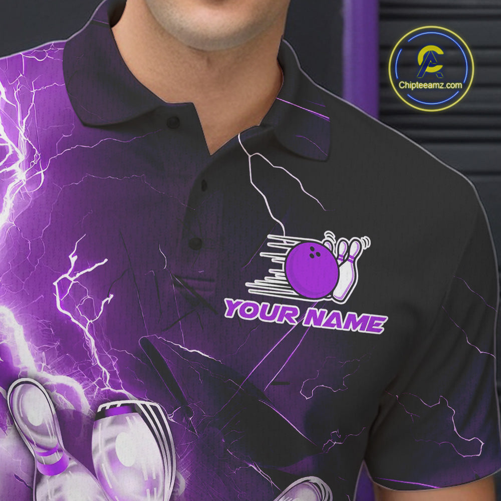 Custom Purple Thunder Lightning Bowling Polo Shirts For Men, Bowling League Shirt IPHW9793