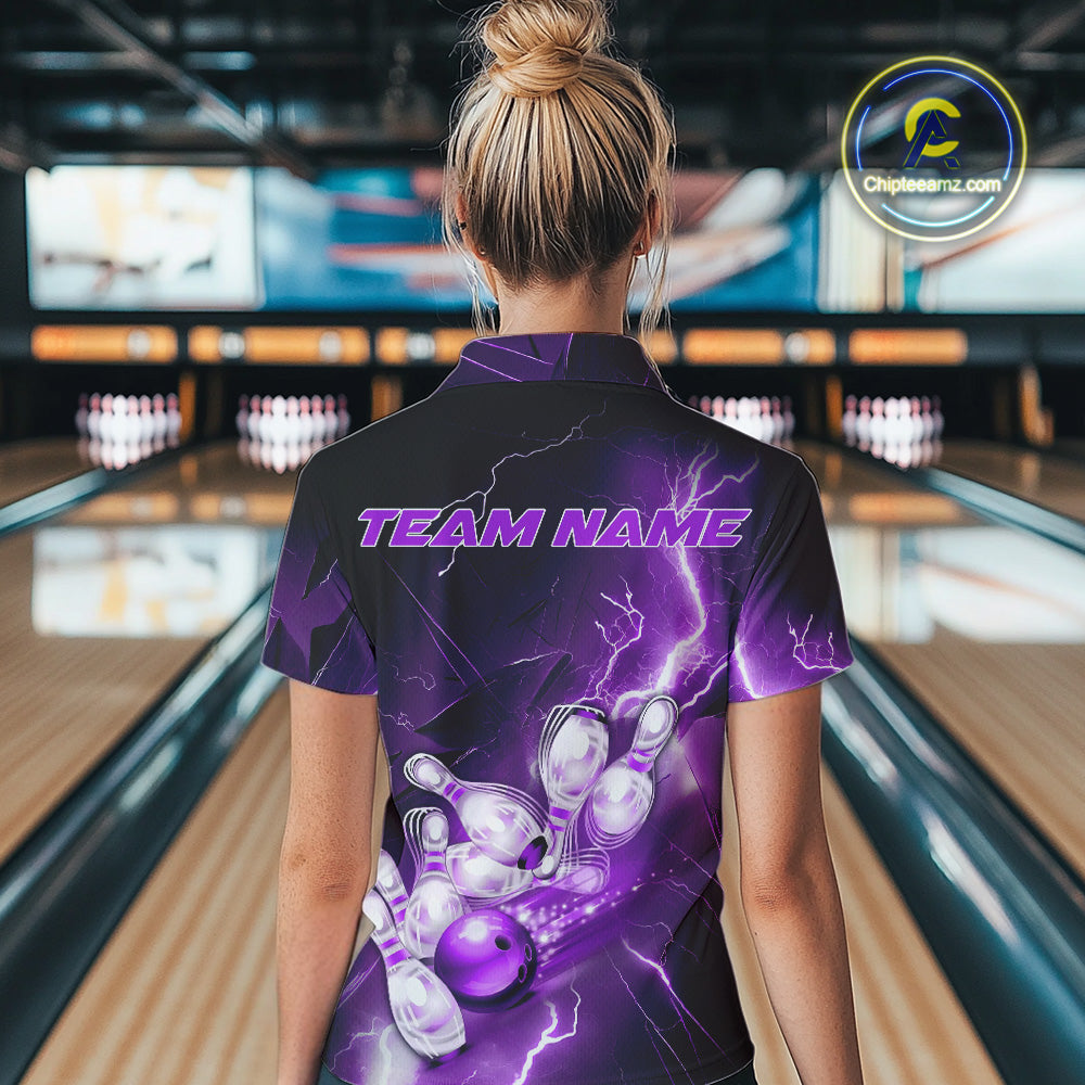 Custom Purple Thunder Lightning Bowling Polo Shirts For Women, Bowling League Shirt IPHW9793
