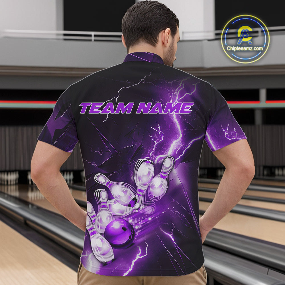 Custom Purple Thunder Lightning Bowling Quarter-Zip Shirts For Men, Bowling League Shirt IPHW9793
