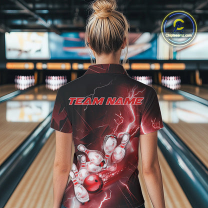 Custom Red Thunder Lightning Bowling Polo Shirts For Women, Bowling League Shirt IPHW9794