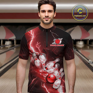 Custom Red Thunder Lightning Bowling Quarter-Zip Shirts For Men, Bowling League Shirt IPHW9794