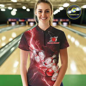 Custom Red Thunder Lightning Bowling Quarter-Zip Shirts For Women, Bowling League Shirt IPHW9794