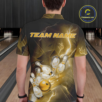 Custom Yellow Thunder Lightning Bowling Polo Shirts For Men, Bowling League Shirt IPHW9795