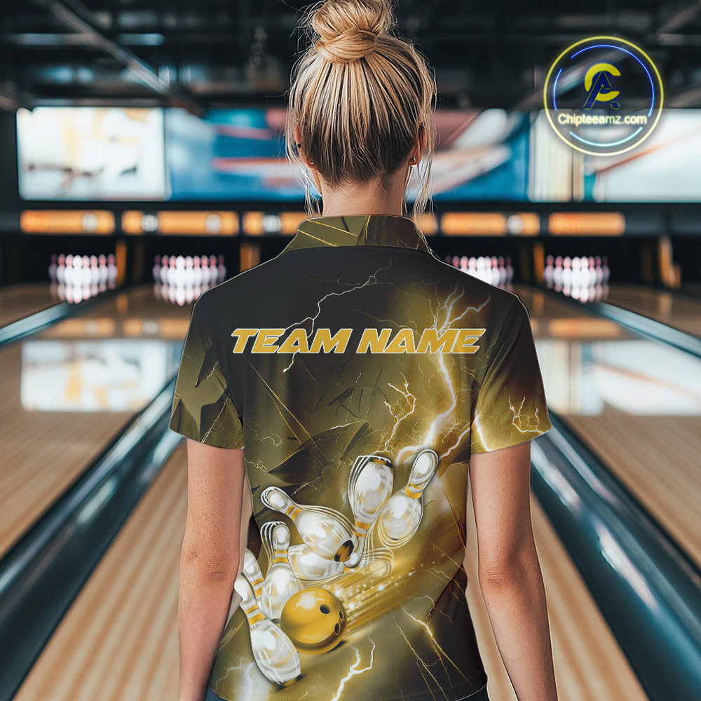 Custom Yellow Thunder Lightning Bowling Polo Shirts For Women, Bowling League Shirt IPHW9795