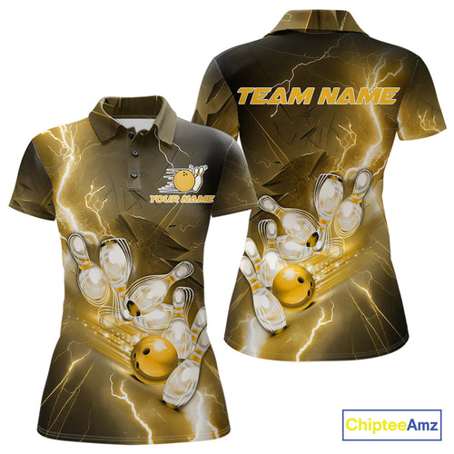 Custom Yellow Thunder Lightning Bowling Polo Shirts For Women, Bowling League Shirt IPHW9795