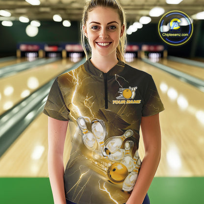 Custom Yellow Thunder Lightning Bowling Quarter-Zip Shirt For Women, Bowling League Shirt IPHW9795