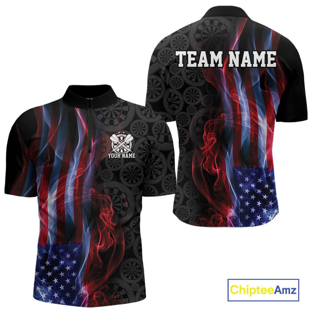 Custom Patriotic American Flag Smoke Flame Dart Jersey, Dart Team Men Quarter Zip Shirt IPHW12109