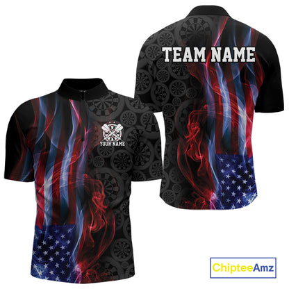Custom Patriotic American Flag Smoke Flame Dart Jersey, Dart Team Men Quarter Zip Shirt IPHW12109