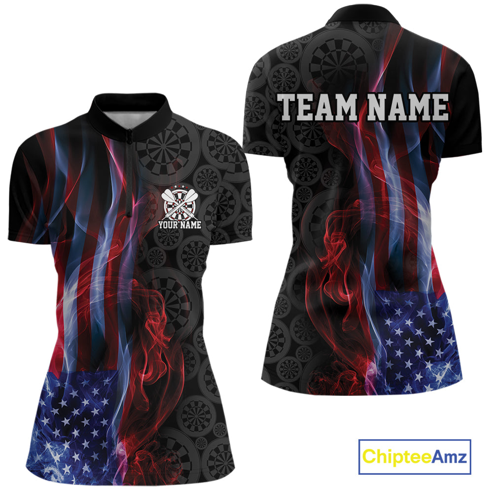 Custom Patriotic American Flag Smoke Flame Dart Jersey, Dart Women Quarter-Zip Shirt IPHW12109