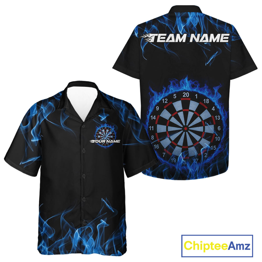 Custom Black And Blue Flame Dartboard Dart Hawaiian Shirts For Men And Women, Dart Players Outfits IPHW9962