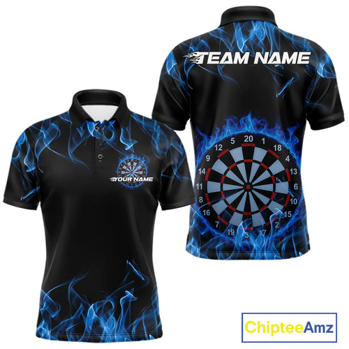 Custom Black And Blue Flame Dartboard Dart Polo Shirts For Men, Dart Players Outfits IPHW9962