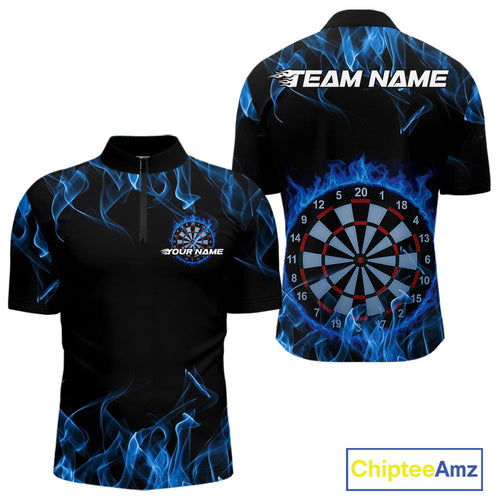 Custom Black And Blue Flame Dartboard Dart Quarter-Zip Shirts For Men, Dart Players Outfits IPHW9962