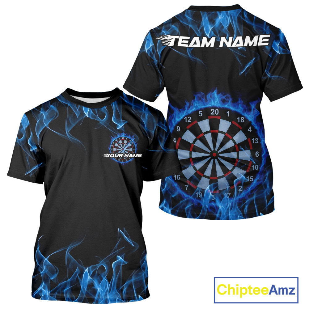 Custom Black And Blue Flame Dartboard Dart T-Shirts For Men, Dart Players Outfits IPHW9962