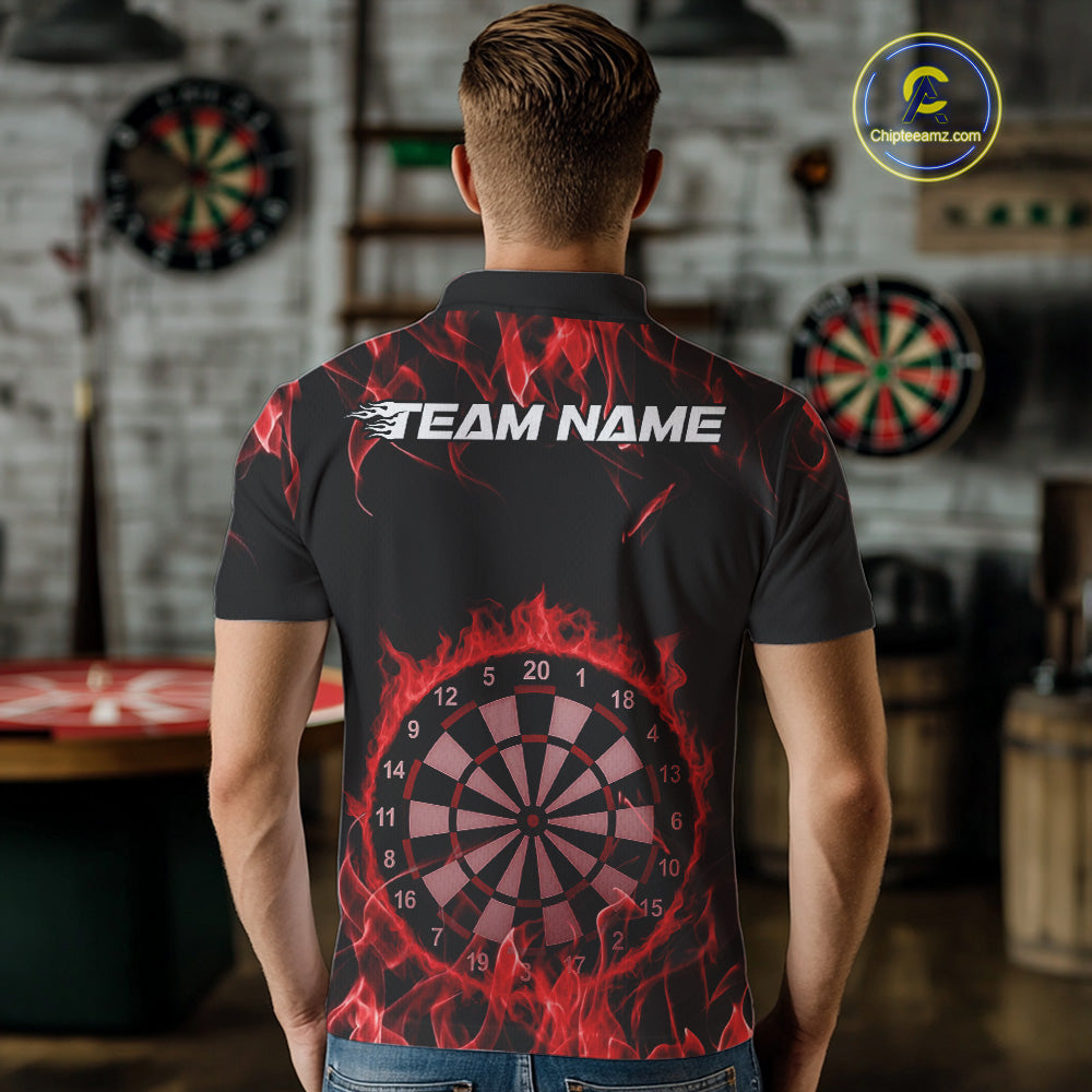 Custom Black And Red Flame Dartboard Dart Polo Shirts For Men, Dart Players Outfits IPHW9963