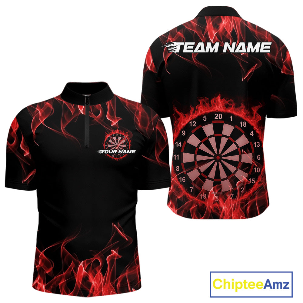 Custom Black And Red Flame Dartboard Dart Quarter-Zip Shirts For Men, Dart Players Outfits IPHW9963