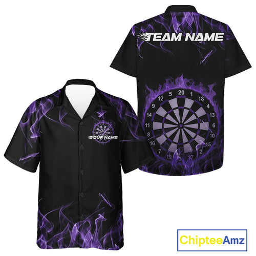 Custom Black And Purple Flame Dartboard Dart Hawaiian Shirts For Men And Women, Dart Players Outfits IPHW9964
