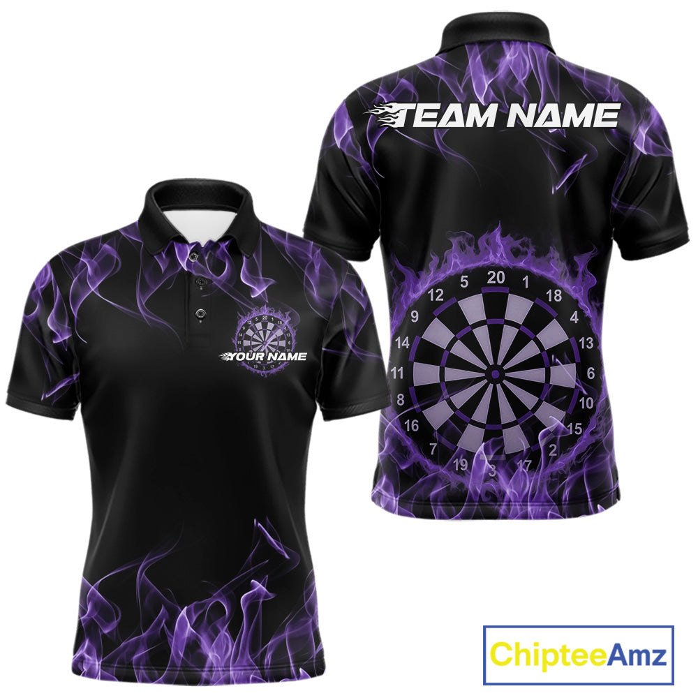Custom Black And Purple Flame Dartboard Dart Polo Shirts For Men, Dart Players Outfits IPHW9964