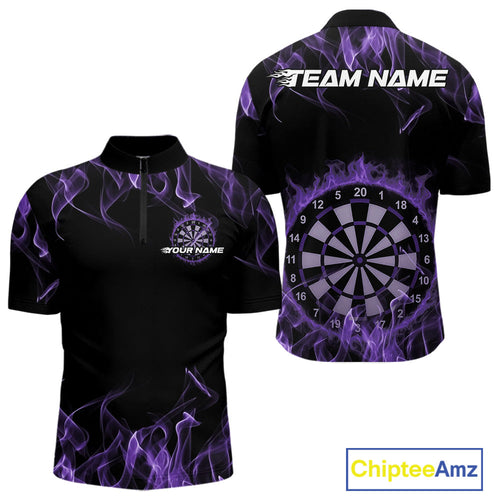 Custom Black And Purple Flame Dartboard Dart Quarter-Zip Shirts For Men, Dart Players Outfits IPHW9964